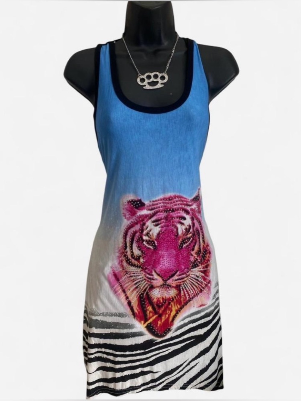 Y2k Pink Tiger Graphic Micro Mini Dress with Zebra Print, Lace & Rhinestones